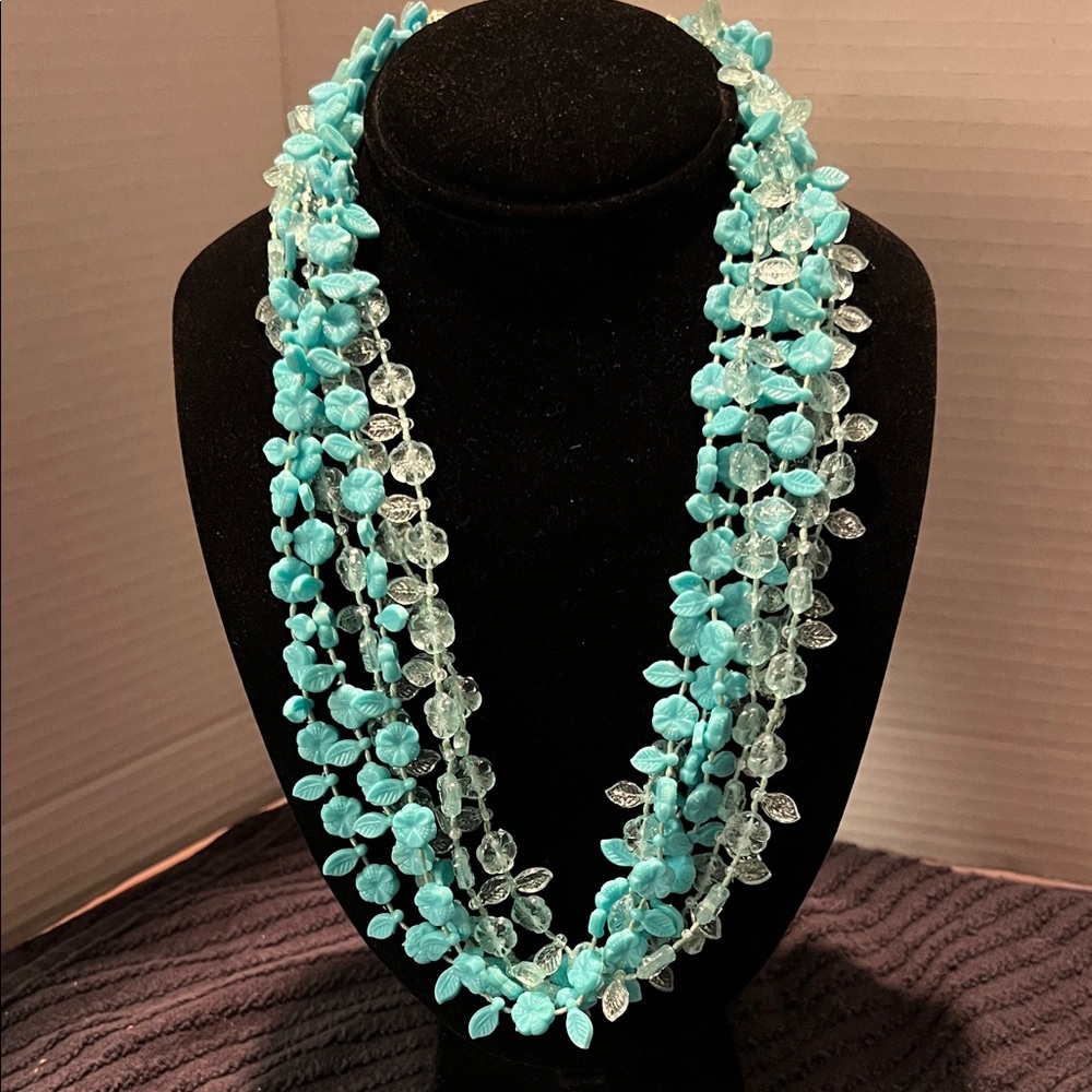 Vintage Turquoise and Clear Floral 6 Strand Beaded Necklace